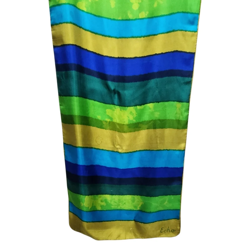 Echo Vintage Silk Long Neck Scarf Striped Watercolor Tie Dye Blue Green Women OS